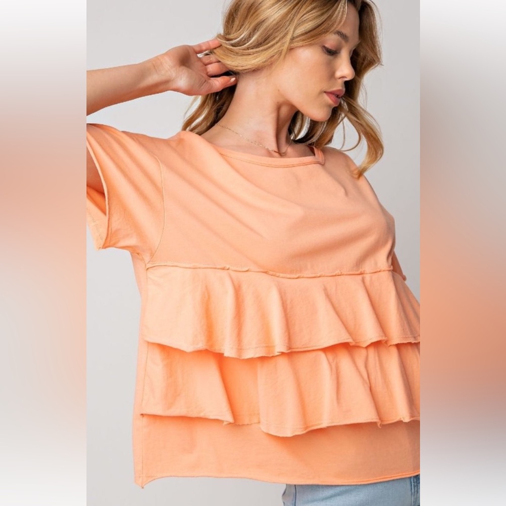 easel Peach Tiered Ruffle Short Sleeve Top